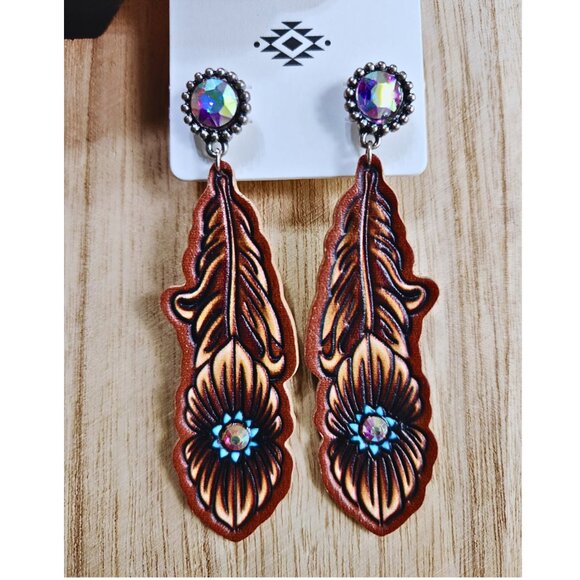 Gorgeous Southwestern Cowgirl Feather Leather Rhinestone Bling Boho Earrings NEW - Picture 3 of 3